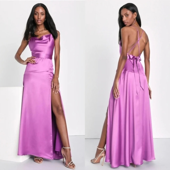 Lulus Wonderful Allure Purple Satin Backless Cowl Neck Maxi Dress Wedding Party - Picture 1 of 9